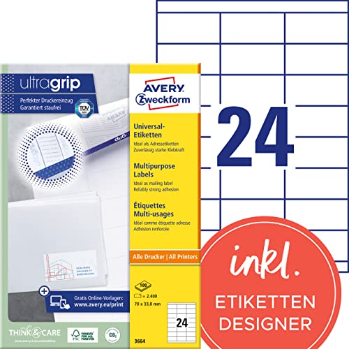 AVERY Zweckform 3664 Adressaufkleber (2.400 Klebeetiketten, 70x33,8mm auf A4, Papier matt, individuell bedruckbare Absenderetiketten, selbstklebende Adressetiketten mit ultragrip) 100 Blatt, weiß von AVERY Zweckform