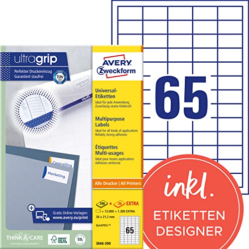 AVERY Zweckform 3666-200 Universal Etiketten (13.000 plus 1.300 Klebeetiketten extra, 38x21,2mm auf A4, Papier matt, individuell bedruckbar, selbstklebende Aufkleber mit ultragrip) 220 Blatt, weiß von AVERY Zweckform