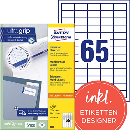 AVERY Zweckform 3666 Universal Etiketten (6.500 Klebeetiketten, 38x21,2mm auf A4, Papier matt, individuell bedruckbar, selbstklebende Aufkleber mit ultragrip) 100 Blatt, weiß von AVERY Zweckform