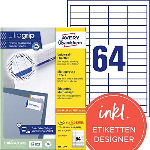 AVERY Zweckform 3667-200 Universal Etiketten (12.800 plus 1.280 Klebeetiketten extra, 48,5x16,9mm auf A4, Papier matt, individuell bedruckbar, selbstklebende Aufkleber mit ultragrip) 220 Blatt, weiß von AVERY Zweckform