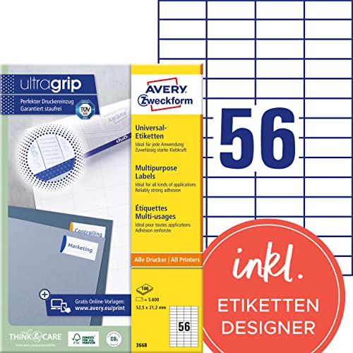 AVERY Zweckform 3668 Universal Etiketten (5.600 Klebeetiketten, 52,5x21,2mm auf A4, Papier matt, individuell bedruckbar, selbstklebende Aufkleber mit ultragrip) 100 Blatt, weiß von AVERY Zweckform