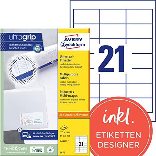 AVERY Zweckform 3670 Adressaufkleber (2.100 Klebeetiketten, 64x36mm auf A4, Papier matt, individuell bedruckbare Absenderetiketten, selbstklebende Adressetiketten mit ultragrip) 100 Blatt, weiß von AVERY Zweckform