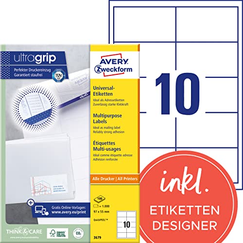 AVERY Zweckform 3679 Adressaufkleber (1.000 Klebeetiketten, 97x55mm auf A4, Papier matt, individuell bedruckbare Absenderetiketten, selbstklebende Adressetiketten mit ultragrip) 100 Blatt, weiß von AVERY Zweckform