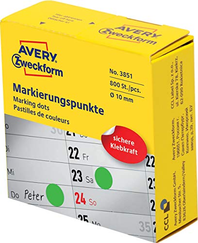 AVERY Zweckform 3851 selbstklebende Markierungspunkte 800 Stück (Ø10mm, Klebepunkte auf Rolle im Spender, Punktaufkleber zur Farbcodierung, runde Aufkleber für Kalender, Planer und zum Basteln) grün von AVERY Zweckform