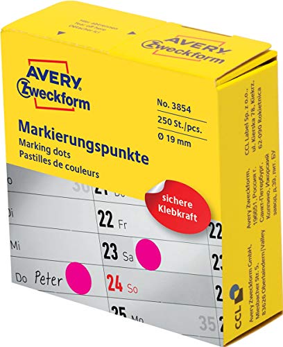 AVERY Zweckform 3854 selbstklebende Markierungspunkte (ø 19 mm, 250 Klebepunkte auf Rolle im Spender, runde Aufkleber für Kalender, Planer und zum Basteln) magenta von AVERY Zweckform