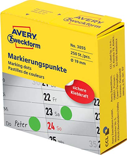 AVERY Zweckform 3855 selbstklebende Markierungspunkte (ø 19 mm, 250 Klebepunkte auf Rolle im Spender, runde Aufkleber für Kalender, Planer und zum Basteln) grün von AVERY Zweckform