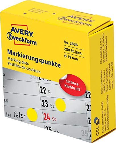 AVERY Zweckform 3856 selbstklebende Markierungspunkte (ø 19 mm, 250 Klebepunkte auf Rolle im Spender, runde Aufkleber für Kalender, Planer und zum Basteln) gelb von AVERY Zweckform