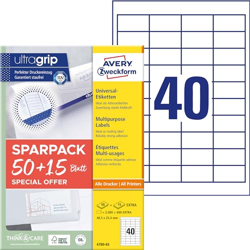 AVERY Zweckform 4780-65 Universal Etiketten (2.000 plus 600 Klebeetiketten extra, 48,5x25,4mm auf A4, Papier matt, individuell bedruckbar, selbstklebende Aufkleber mit ultragrip) 65 Blatt, weiß von AVERY Zweckform