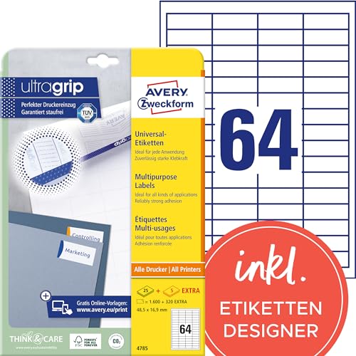 AVERY Zweckform 4785 Universal Etiketten (1.600 plus 320 Klebeetiketten extra, 48,5x16,9mm auf A4, Papier matt, individuell bedruckbar, selbstklebende Aufkleber mit ultragrip) 30 Blatt, weiß von AVERY Zweckform