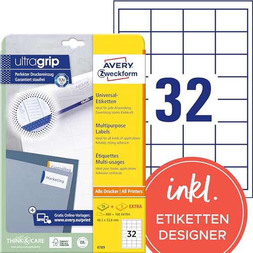 AVERY Zweckform 4789 Universal Etiketten (800 plus 160 Klebeetiketten extra, 48,3x33,8mm auf A4, Papier matt, individuell bedruckbar, selbstklebende Aufkleber mit ultragrip) 30 Blatt, weiß von AVERY Zweckform