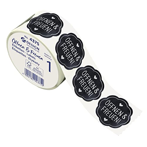 AVERY Zweckform 600 Aufkleber Öffnen und Freuen (Made in Germany, Ø38 mm, schwarze Geschenkaufkleber silberne Schrift, selbstklebende Geschenkdeko, Karten, Tüten, Gutscheine) Sticker auf Rolle, 4375 von AVERY Zweckform