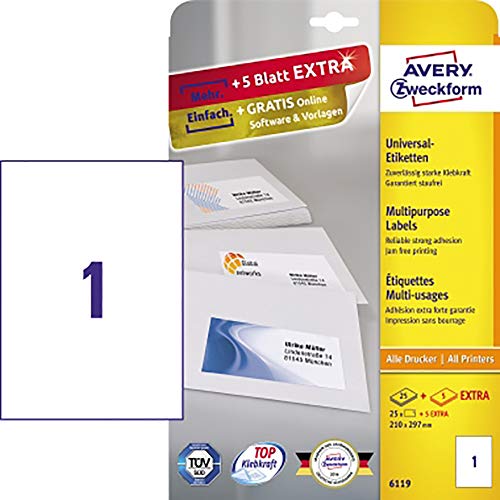 AVERY Zweckform 6119 Universal Etiketten (25 plus 5 Klebeetiketten extra, 210x297mm auf A4, Papier matt, bedruckbare Versandetiketten, selbstklebende Versandaufkleber mit ultragrip) 30 Blatt, weiß von AVERY Zweckform