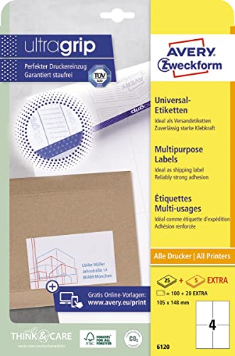 AVERY Zweckform 6120 Universal Etiketten (100 plus 20 Klebeetiketten extra, 105x148mm auf A4, Papier matt, bedruckbare Versandetiketten, selbstklebende Versandaufkleber mit ultragrip) 30 Blatt, weiß von AVERY Zweckform