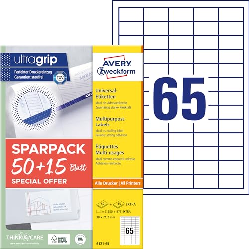 AVERY Zweckform 6121-65 Universal Etiketten (3.250 plus 975 Klebeetiketten extra, 38x21,2mm auf A4, Papier matt, individuell bedruckbar, selbstklebende Aufkleber mit ultragrip) 65 Blatt, weiß von AVERY Zweckform