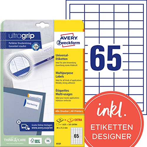 AVERY Zweckform 6121 Universal Etiketten (1.625 plus 325 Klebeetiketten extra, 38x21,2mm auf A4, Papier matt, individuell bedruckbar, selbstklebende Aufkleber mit ultragrip) 30 Blatt, weiß von AVERY Zweckform