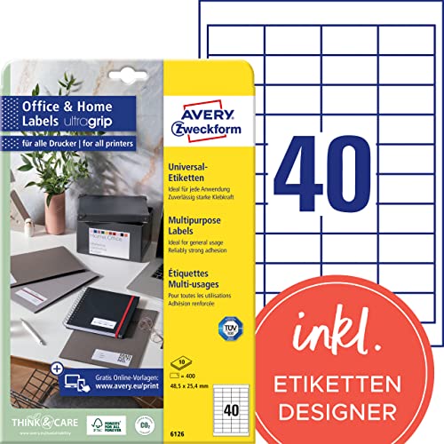 AVERY Zweckform 6126 Adressaufkleber (400 Klebeetiketten, 48,5x25,4 mm auf A4, bedruckbare Universaletiketten, selbstklebende Adressetiketten mit ultragrip, ideal fürs HomeOffice) 10 Blatt, weiß von AVERY Zweckform