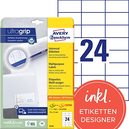 AVERY Zweckform 6173 Adressaufkleber (600 plus 120 Klebeetiketten extra, 70x37mm auf A4, Papier matt, bedruckbare Absenderetiketten, selbstklebende Adressetiketten mit ultragrip) 30 Blatt, weiß von AVERY Zweckform