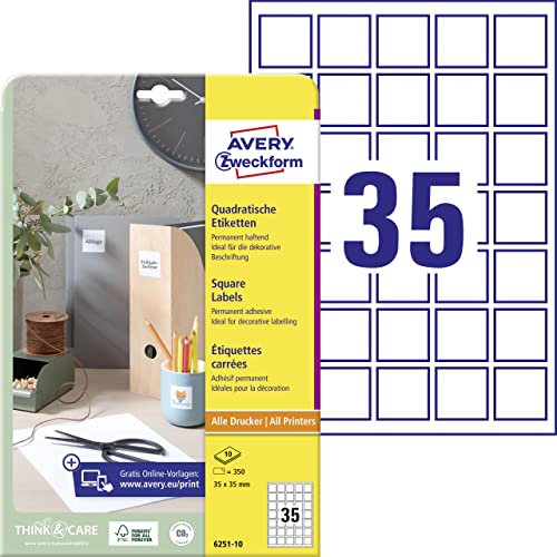 AVERY Zweckform 6251-10 Quadratische Etiketten (350 Klebeetiketten, 35x35mm auf A4, QR Code Aufkleber zum Bedrucken, selbstklebend, permanent haftende QR Code Etiketten) 10 Blatt, weiß von AVERY Zweckform