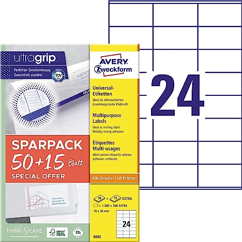 AVERY Zweckform 6602 Adressaufkleber (1.200 plus 360 Klebeetiketten extra, 70x36mm auf A4, Papier matt, bedruckbare Absenderetiketten, selbstklebende Adressetiketten mit ultragrip) 65 Blatt, weiß von AVERY Zweckform