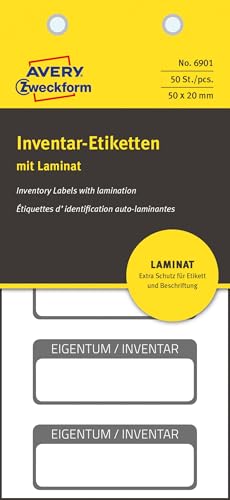 AVERY Zweckform 6901 laminierte Inventaretiketten (extrem stark selbstklebend, Kleinformat, 50x20 mm, 50 Aufkleber auf 10 Blatt) weiß/schwarz von AVERY Zweckform