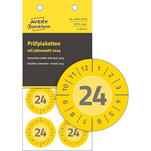 AVERY Zweckform 80 Prüfplaketten mit Jahreszahl 2024 (widerstandsfähig, stark selbstklebend, Ø 30 mm, Prüfaufkleber, beschriftbare Prüfsiegel aus Vinyl-Klebefolie) Art. 6944-2024, gelb von AVERY Zweckform