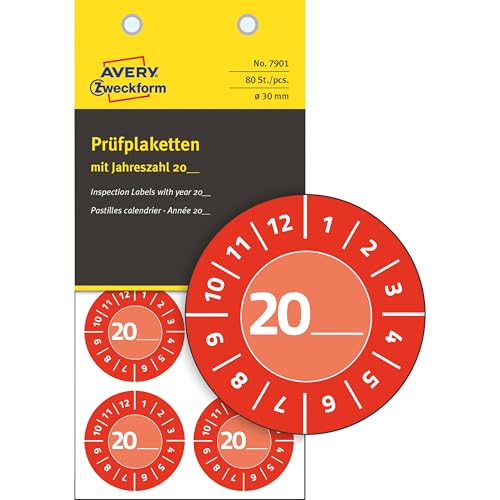 AVERY Zweckform 80 Stück Prüfplaketten 20xx (mit Jahreszahl zum selber eintragen, widerstandsfähig, stark selbstklebend, Ø30 mm, Prüfaufkleber, beschriftbare Prüfsiegel aus Vinyl-Klebefolie) 7901 rot von AVERY Zweckform