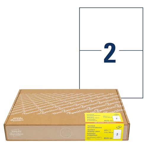 AVERY Zweckform 8026 Versandetiketten (600 Klebeetiketten A5, 210x148mm auf A4, bedruckbare Versandaufkleber für Hermes, DHL, GLS, DPD, UPS, Fedex, selbstklebende Adressetiketten, 3655) 300 Blatt von AVERY Zweckform