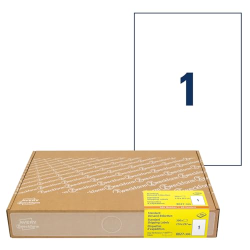 AVERY Zweckform 8027 Versandetiketten (300 Klebeetiketten A4, 210x297mm auf A4, bedruckbare Versandaufkleber für Hermes, DHL, GLS, DPD, UPS, Fedex, selbstklebende Adressetiketten, 3478) 300 Blatt von AVERY Zweckform