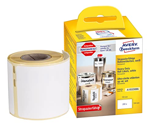 AVERY Zweckform A1933086 Dymo LabelWriter wetterfeste Etiketten kompatibel zu 1933086 (104x159mm, 1 Rolle|200 Kunststoff Aufkleber, selbstklebend, für LW Dymo Etikettendrucker, Beschriftungsgerät) von AVERY Zweckform