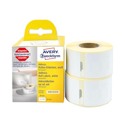 AVERY Zweckform AS0722370 Dymo Labelwriter Adressetiketten kompatibel zu S0722370 (28x89mm, 2 Rollen|260 Adressaufkleber, selbstklebend, für LW Dymo Etikettendrucker/Beschriftungsgerät/Etikettenband) von AVERY Zweckform