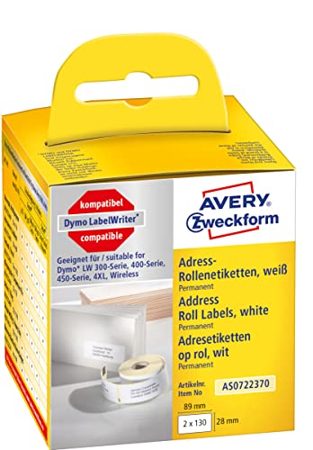 AVERY Zweckform AS0722370 Dymo Labelwriter Adressetiketten kompatibel zu S0722370 (28x89mm, 2 Rollen|260 Adressaufkleber, selbstklebend, für LW Dymo Etikettendrucker/Beschriftungsgerät/Etikettenband) von AVERY Zweckform