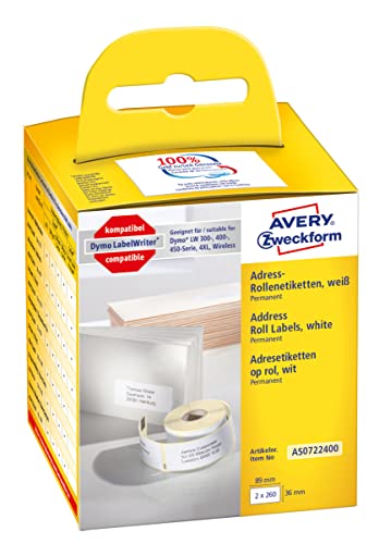 AVERY Zweckform AS0722400 Dymo LabelWriter Adressetiketten kompatibel zu S0722400 (36x89mm, 2 Rollen|520 Adressaufkleber, selbstklebend, für LW Dymo Etikettendrucker/Beschriftungsgerät/Etikettenband) von AVERY Zweckform