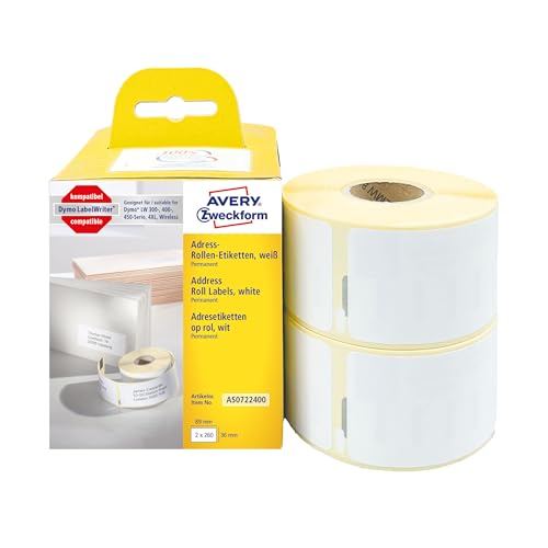 AVERY Zweckform AS0722400 Dymo LabelWriter Adressetiketten kompatibel zu S0722400 (36x89mm, 2 Rollen|520 Adressaufkleber, selbstklebend, für LW Dymo Etikettendrucker/Beschriftungsgerät/Etikettenband) von AVERY Zweckform