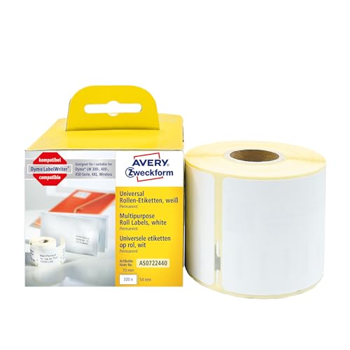 AVERY Zweckform AS0722440 Dymo LabelWriter Etiketten kompatibel zu S0722440 (54x70mm, 1 Rolle|320 Aufkleber, selbstklebend, für Dymo LabelWriter Etikettendrucker/Beschriftungsgerät/Etikettenband) von AVERY Zweckform