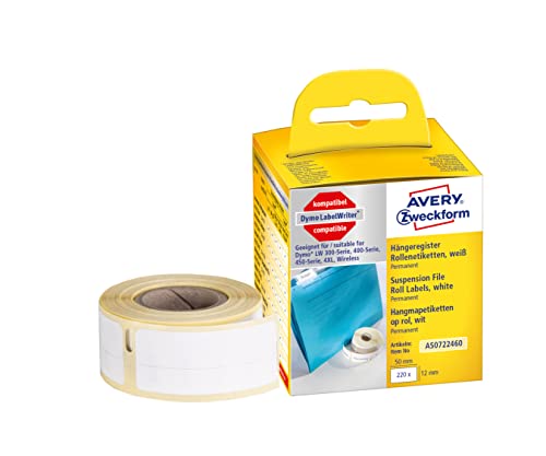 AVERY Zweckform AS0722460 Dymo LabelWriter Hängemappen Etiketten kompatibel zu S0722460 (12x50mm, 1 Rolle|220 Aufkleber, selbstklebend, für LW Dymo Etikettendrucker/Beschriftungsgerät/Etikettenband) von AVERY Zweckform