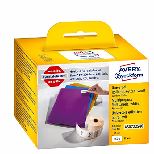 AVERY Zweckform AS0722540 Dymo LabelWriter Etiketten kompatibel zu S0722540 (57x32mm, 1 Rolle|1.000 ablösbare Aufkleber, selbstklebend, für LW Dymo Etikettendrucker/Beschriftungsgerät/Etikettenband) von AVERY Zweckform