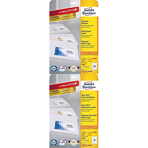 AVERY Zweckform Adressetiketten (A4, 600 Plus 120 Etiketten extra, 70 x 36 mm) + Adressetiketten (A4, 300 Plus 60 Etiketten extra, 97 x 42,3 mm) 30 Blatt, weiß von AVERY Zweckform