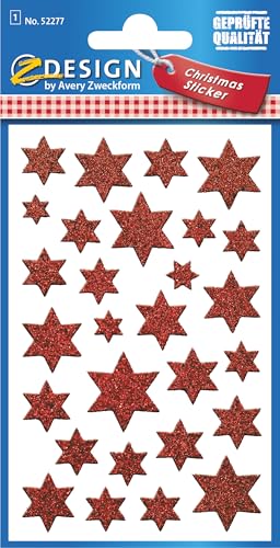 AVERY Zweckform 28 Aufkleber Weihnachten Sterne rot (Weihnachtssticker aus Glitzerfolie, selbstklebende Weihnachtdeko für Karten, Geschenke, Tüten) 1 Bogen/28 Sternsticker, 52277 von AVERY Zweckform