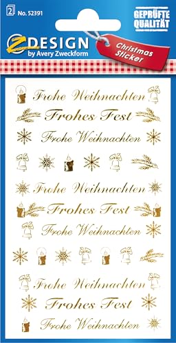 AVERY Zweckform 44 Aufkleber Weihnachten Schriftzüge gold (Weihnachtssticker transparente Folie, selbstklebende Weihnachtsdeko Karten, Tüten) 2 Bogen/je 22 Sticker,Goldene Weihnachtsschriftzüge, 52391 von AVERY Zweckform