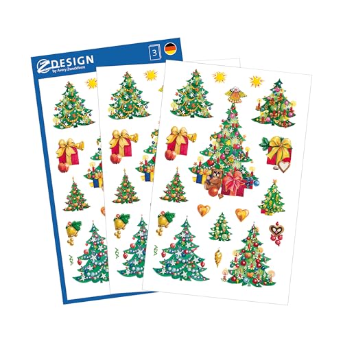 AVERY Zweckform 24 Aufkleber Weihnachten Weihnachtsbäume Motive (Made in Germany, Weihnachtssticker Papier, selbstklebende Weihnachtsdeko Karten, Geschenke, Tüten) 3 Bogen/je 10 Sticker, 52401 von AVERY Zweckform