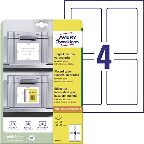 AVERY Zweckform Art. 8001-5 Träger-Etiketten (20 Etikettenhalter, 120x80mm, beliebig oft mit allen Etiketten beklebbar ohne Rückstände, für Regale, Boxen, Behälter in Lager & Logistik) 5 Blatt, weiß von AVERY Zweckform