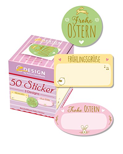 AVERY Zweckform Aufkleber Ostern 50 Stück Art. 56857 (Etiketten Frohe Ostern, Papiersticker mit Silberprägung 38 mm/58x38mm im Spender, Ostergrüße, Osterdeko, Ostergeschenke) Sticker auf Rolle von AVERY Zweckform