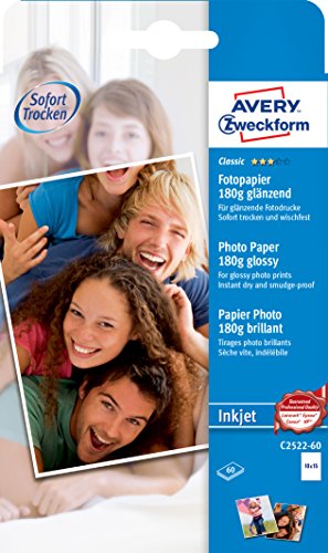 AVERY Zweckform C2522-60 Classic Inkjet Fotopapier (60 Blatt, 180 g/m², DIN A6 Papier, einseitig beschichtet, glänzend, weiß, zum Drucken von Fotos auf Tintenstrahldruckern, sofort trocknend) von AVERY Zweckform