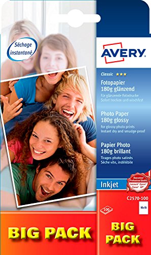 AVERY Zweckform Art. C2570-100 Everyday Inkjet Fotopapier (100 Blatt, 180 g/m², 10x15cm, glänzende Fotokarten, einseitig beschichtet, sofort trocken & wischfest, Fotoblätter für Inkjet-Drucker) weiß von AVERY Zweckform