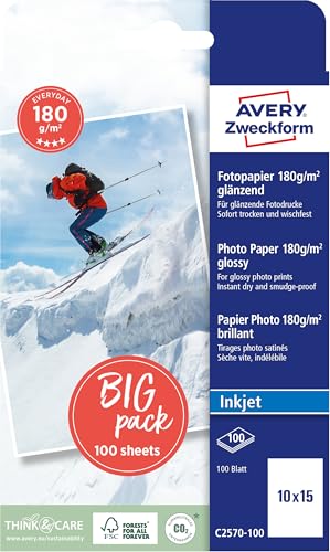 AVERY Zweckform Art. C2570-100 Everyday Inkjet Fotopapier (100 Blatt, 180 g/m², 10x15cm, glänzende Fotokarten, einseitig beschichtet, sofort trocken & wischfest, Fotoblätter für Inkjet-Drucker) weiß von AVERY Zweckform