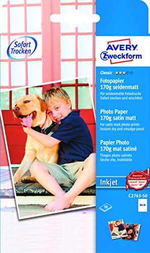 AVERY Zweckform C2743-50 Classic Inkjet Fotopapier (50 Blatt, 170 g/m², DIN A6, einseitig beschichtet, seidenmatt, weiß, FSC, zum Drucken von Fotos auf Tintenstrahldruckern, sofort trocknend) von AVERY Zweckform