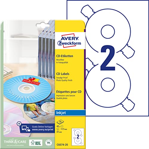 AVERY Zweckform C6074-20 selbstklebende CD-Etiketten (40 blickdichte CD-Aufkleber, Ø 117 mm auf A4, ClassicSize, Papier hochglänzend, bedruckbare Klebeetiketten für alle Inkjet-Drucker) 20 Blatt, weiß von AVERY Zweckform