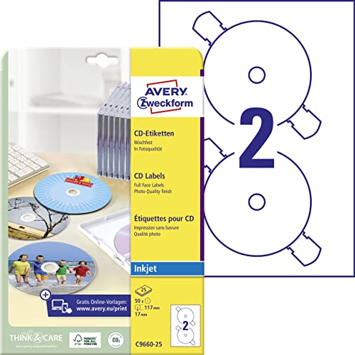 AVERY Zweckform C9660-25 selbstklebende CD-Etiketten (50 blickdichte CD-Aufkleber, Ø 117mm auf A4, SuperSize, Papier hochglänzend, bedruckbare Klebeetiketten für alle Inkjet-Drucker) 25 Blatt, weiß von AVERY Zweckform