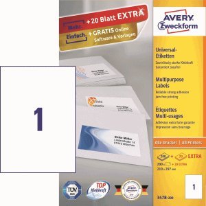 AVERY Zweckform Etiketten Inkjet/Laser/Kopier 210x297mm VE=220 Stück weiß von AVERY Zweckform