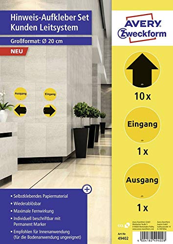 AVERY Zweckform Hinweis Aufkleber Pfeile (ø20 cm, 12 Warnschilder, je 1x Hinweisschild Eingang und Ausgang sowie 10x Richtungspfeile für Handel, Gastro, Firma) 49402 von AVERY Zweckform